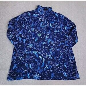 Lands End Fleece Pullover Womens 1X Blue Octopus Sea 1/4 Zip Outdoor Hiking Soft